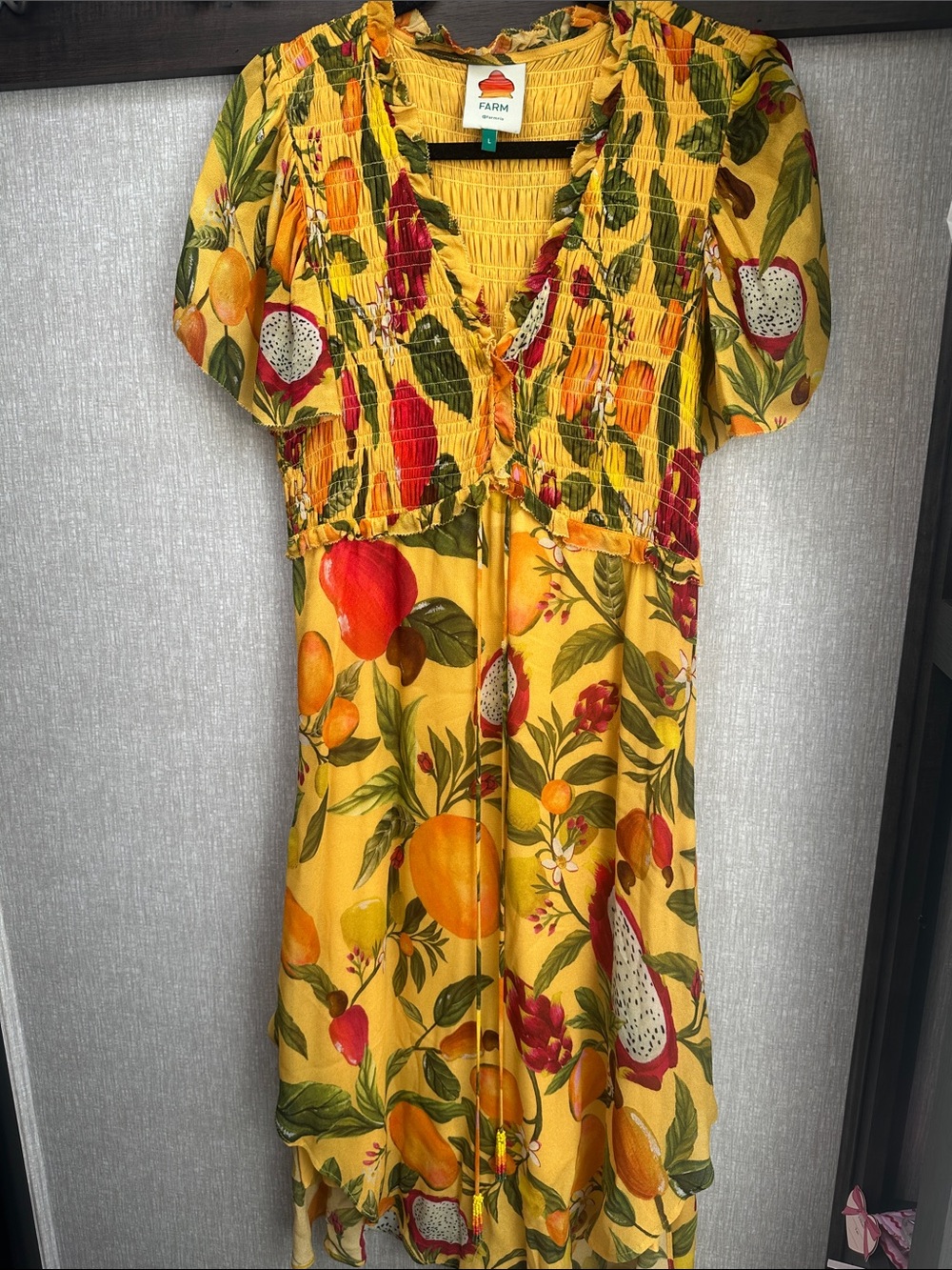 FARM Rio Yellow Tropical Fruit Smocked V-Neck Dress with Orange & Green Accents